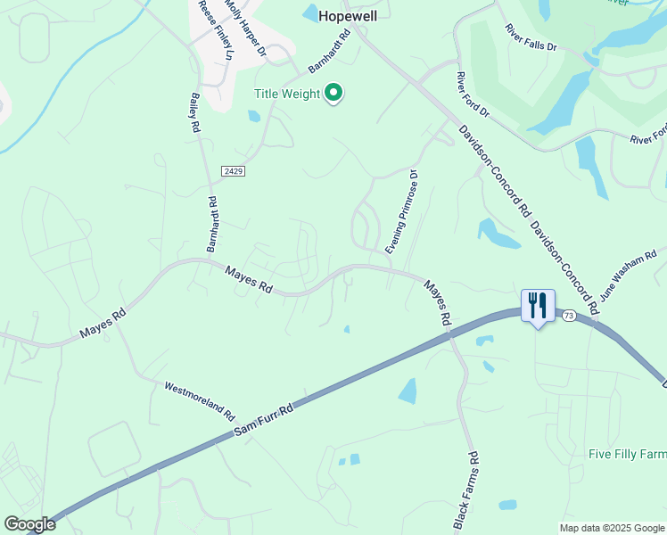 map of restaurants, bars, coffee shops, grocery stores, and more near 13407 Mayes Road in Huntersville
