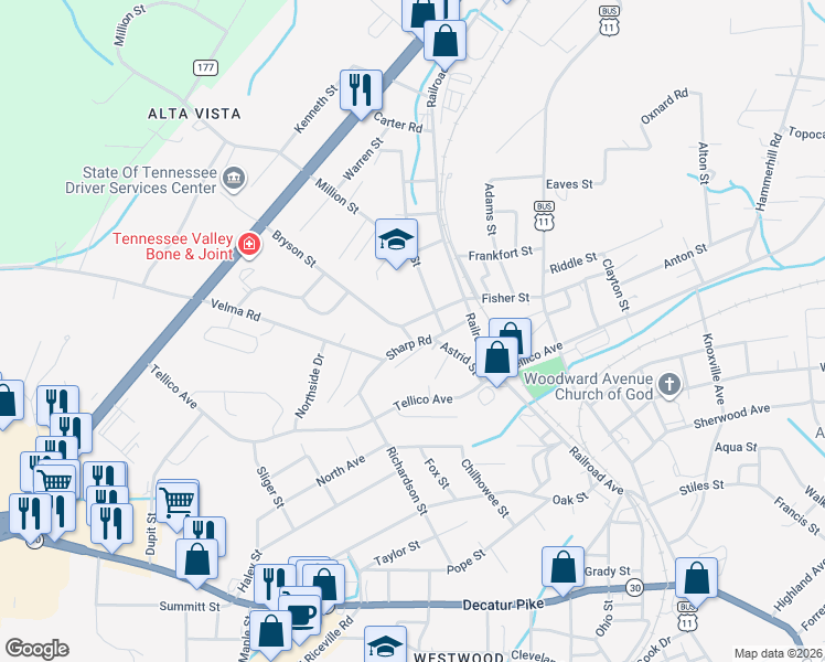map of restaurants, bars, coffee shops, grocery stores, and more near 208 Bryson St in Athens