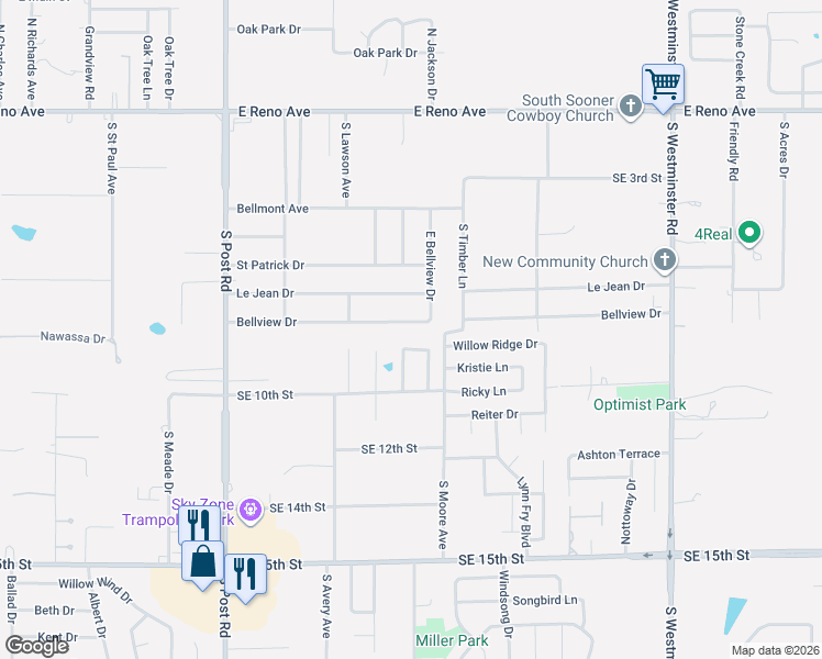 map of restaurants, bars, coffee shops, grocery stores, and more near 10352 Bellview Drive in Midwest City