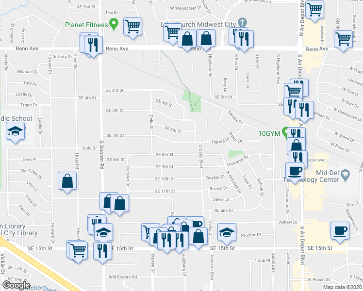 map of restaurants, bars, coffee shops, grocery stores, and more near 6200 Southeast 7th Street in Midwest City