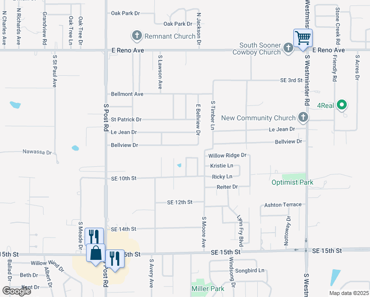 map of restaurants, bars, coffee shops, grocery stores, and more near 10344 Bellview Drive in Midwest City