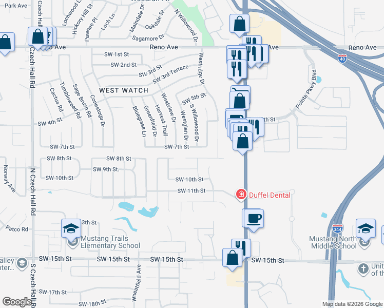 map of restaurants, bars, coffee shops, grocery stores, and more near 11625 Southwest 8th Circle in Yukon