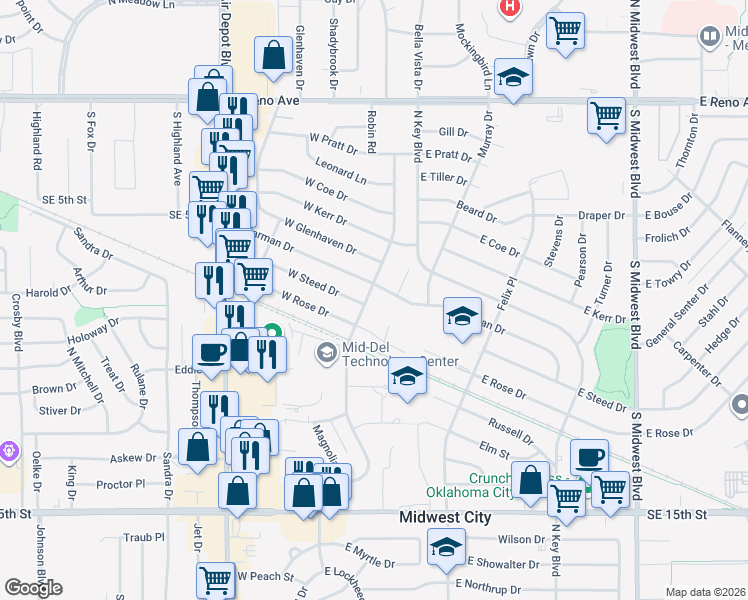 map of restaurants, bars, coffee shops, grocery stores, and more near 2100 Maple Dr in Midwest City