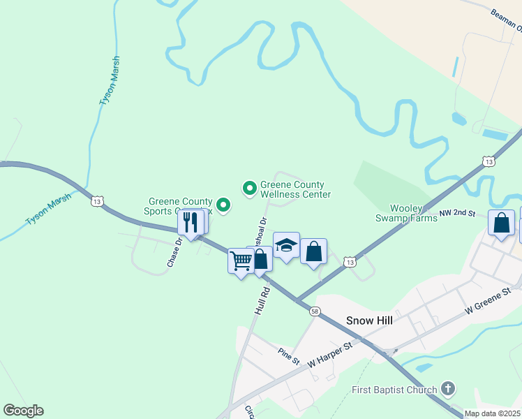 map of restaurants, bars, coffee shops, grocery stores, and more near 206 Pineshoal Drive in Snow Hill