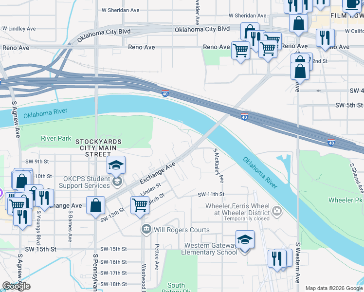 map of restaurants, bars, coffee shops, grocery stores, and more near 1501 Exchange Ave in Oklahoma City