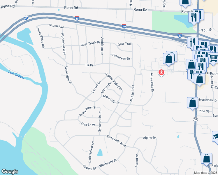 map of restaurants, bars, coffee shops, grocery stores, and more near 704 Lost Bridge Street in Van Buren