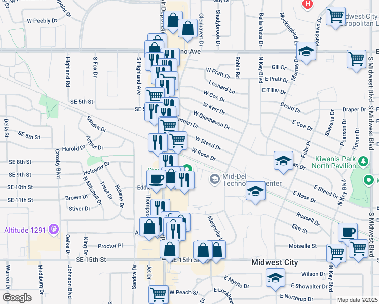 map of restaurants, bars, coffee shops, grocery stores, and more near 224 W Rose Dr in Midwest City