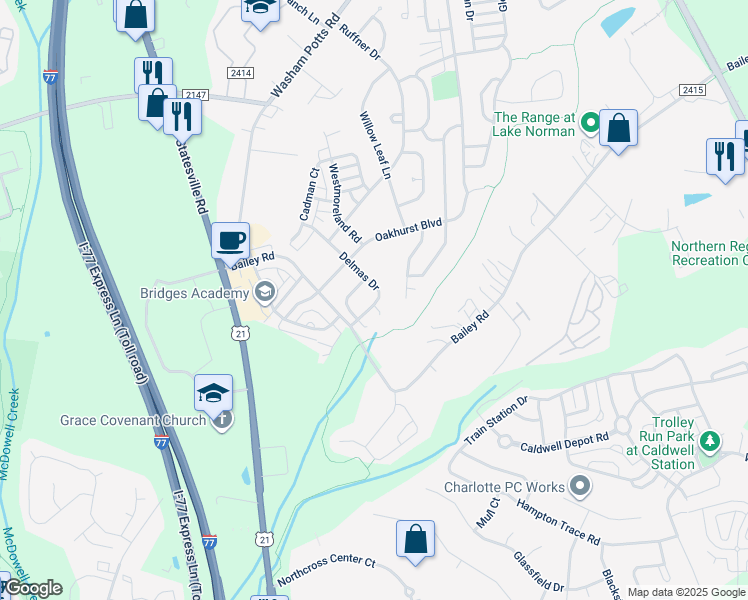 map of restaurants, bars, coffee shops, grocery stores, and more near 17703 Delmas Drive in Cornelius