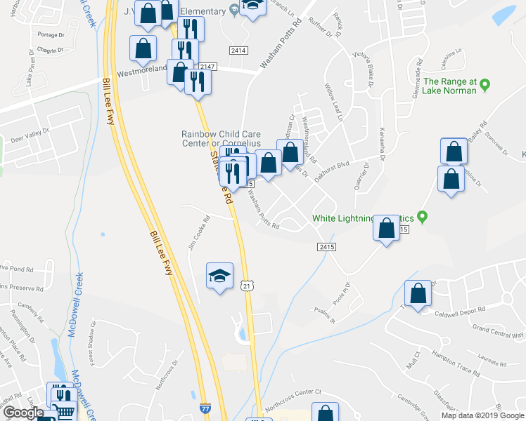 map of restaurants, bars, coffee shops, grocery stores, and more near 16209 Peachmont Drive in Cornelius