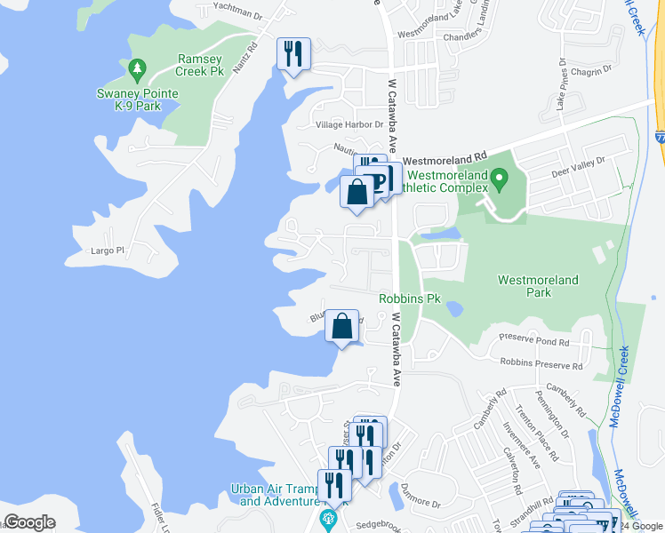 map of restaurants, bars, coffee shops, grocery stores, and more near 17810 Half Moon Lane in Cornelius
