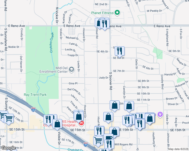 map of restaurants, bars, coffee shops, grocery stores, and more near 5013 Judy Drive in Del City