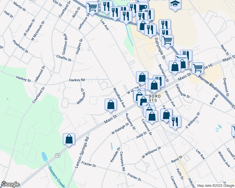 map of restaurants, bars, coffee shops, grocery stores, and more near 2224 Woodland Avenue in Sanford