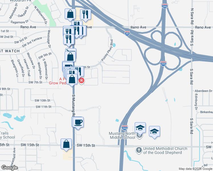 map of restaurants, bars, coffee shops, grocery stores, and more near 11120 Southwest 8th Street in Yukon