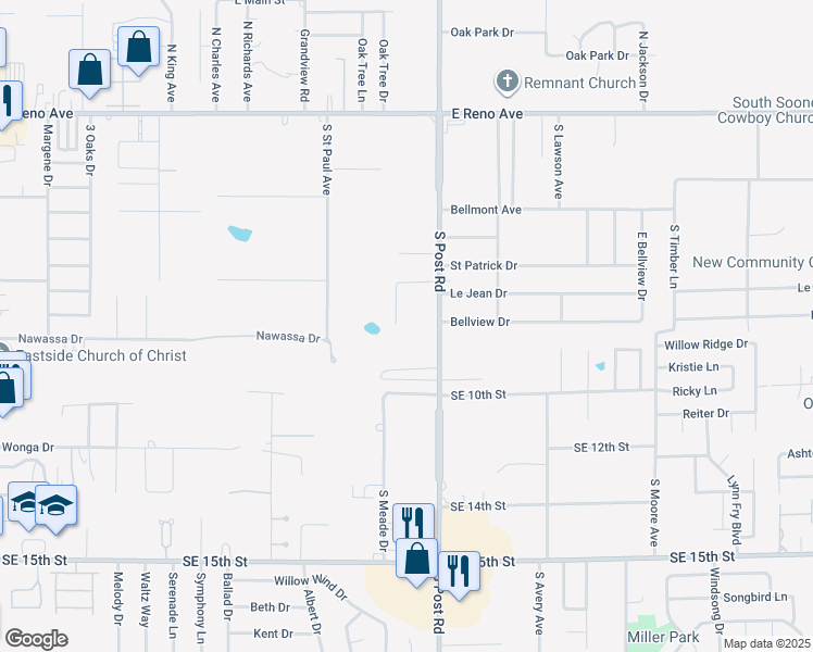 map of restaurants, bars, coffee shops, grocery stores, and more near 828 Hunters Run in Midwest City