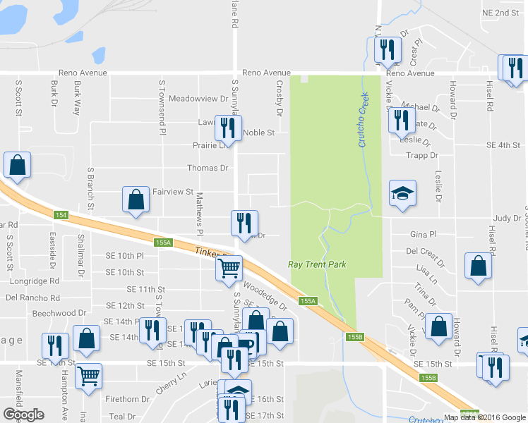 map of restaurants, bars, coffee shops, grocery stores, and more near 821 Del Haven Drive in Del City