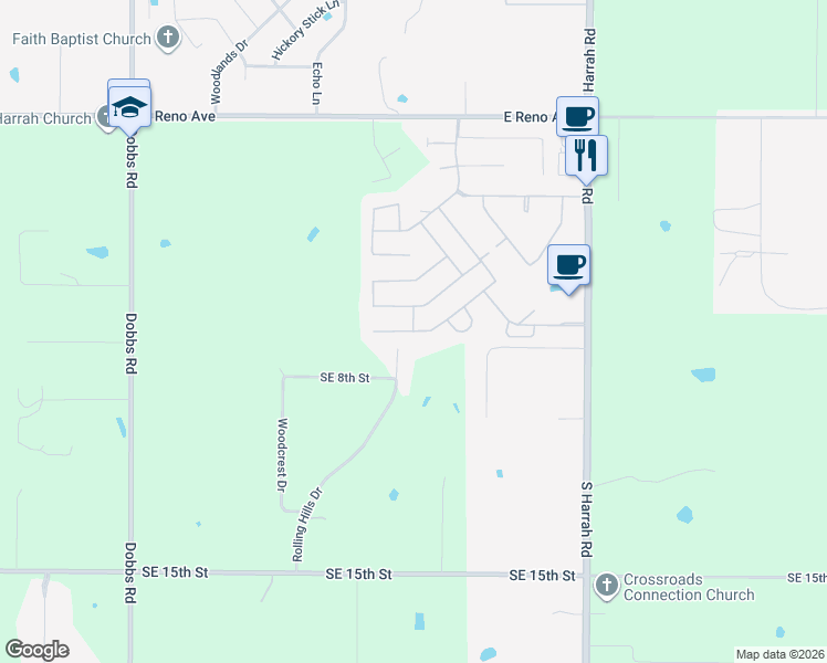 map of restaurants, bars, coffee shops, grocery stores, and more near 20558 Autumn Trail in Harrah