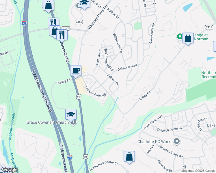 map of restaurants, bars, coffee shops, grocery stores, and more near 18629 Shawnee Ridge Road in Cornelius