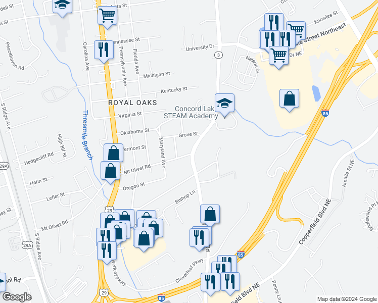 map of restaurants, bars, coffee shops, grocery stores, and more near 1115 Mount Olivet Road in Kannapolis