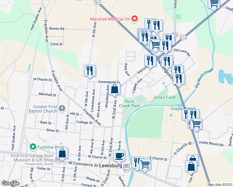 map of restaurants, bars, coffee shops, grocery stores, and more near 616 North 2nd Avenue in Lewisburg