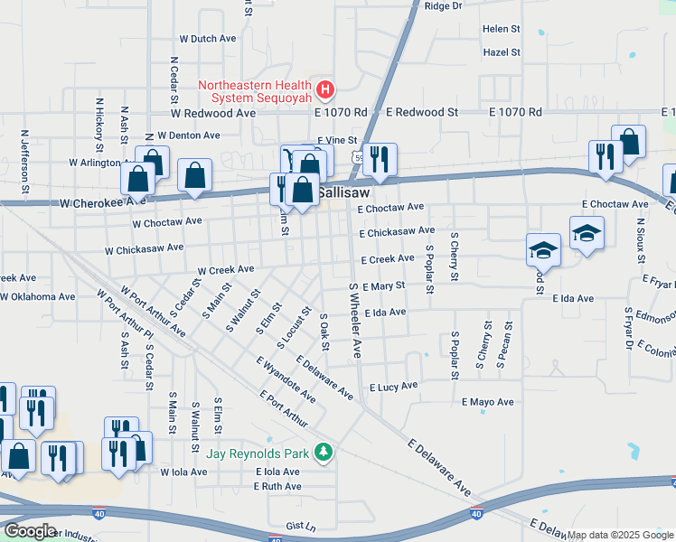 map of restaurants, bars, coffee shops, grocery stores, and more near 216 South Oak Street in Sallisaw