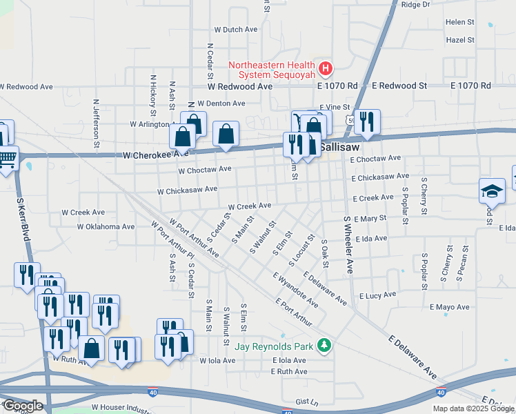 map of restaurants, bars, coffee shops, grocery stores, and more near 211 South Main Street in Sallisaw