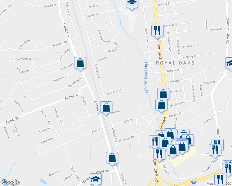 map of restaurants, bars, coffee shops, grocery stores, and more near 232 Southaven Court in Kannapolis