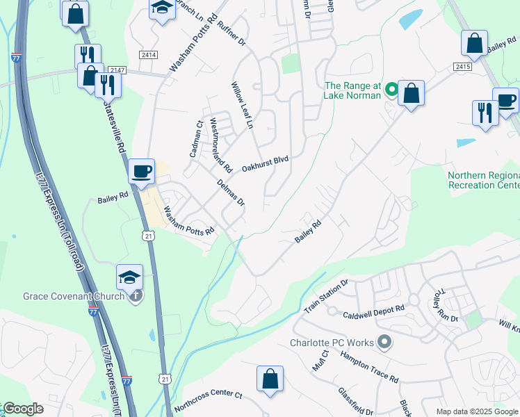 map of restaurants, bars, coffee shops, grocery stores, and more near 10634 Quarrier Drive in Cornelius
