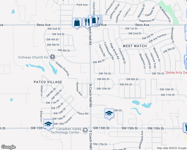 map of restaurants, bars, coffee shops, grocery stores, and more near 12133 Southwest 8th Street in Yukon