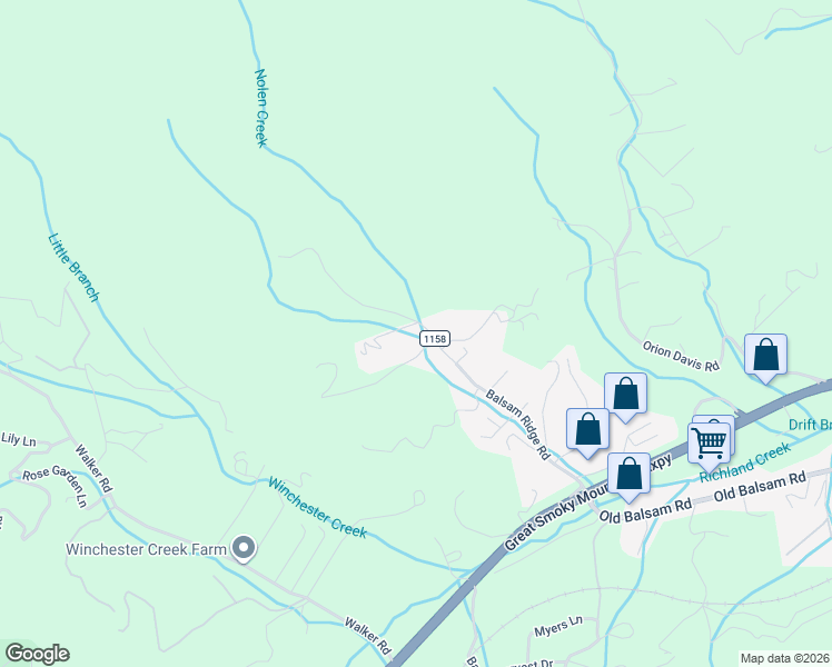 map of restaurants, bars, coffee shops, grocery stores, and more near 67 Conner Ridge Road in Waynesville