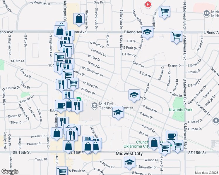 map of restaurants, bars, coffee shops, grocery stores, and more near 2100 Maple Drive in Midwest City