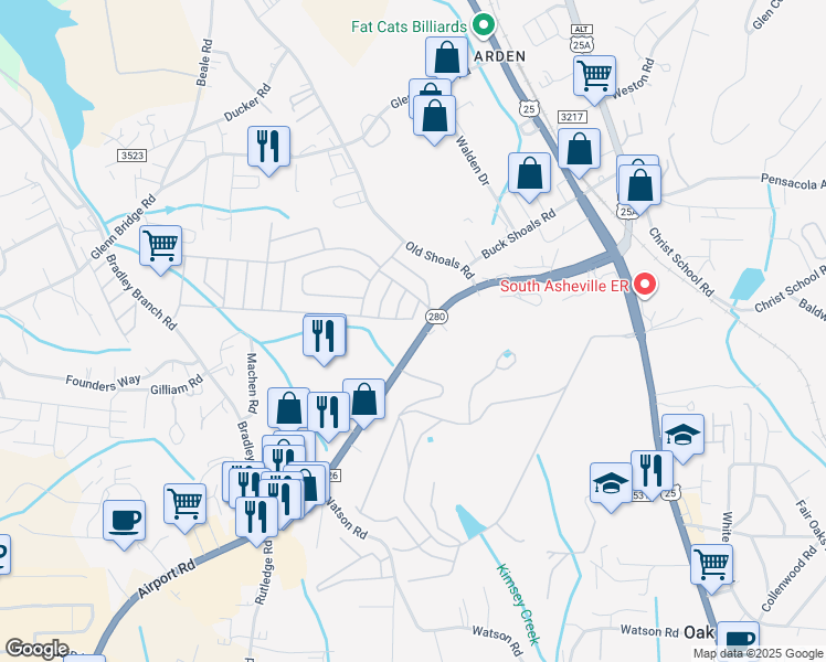 map of restaurants, bars, coffee shops, grocery stores, and more near 48 Airport Road in Arden