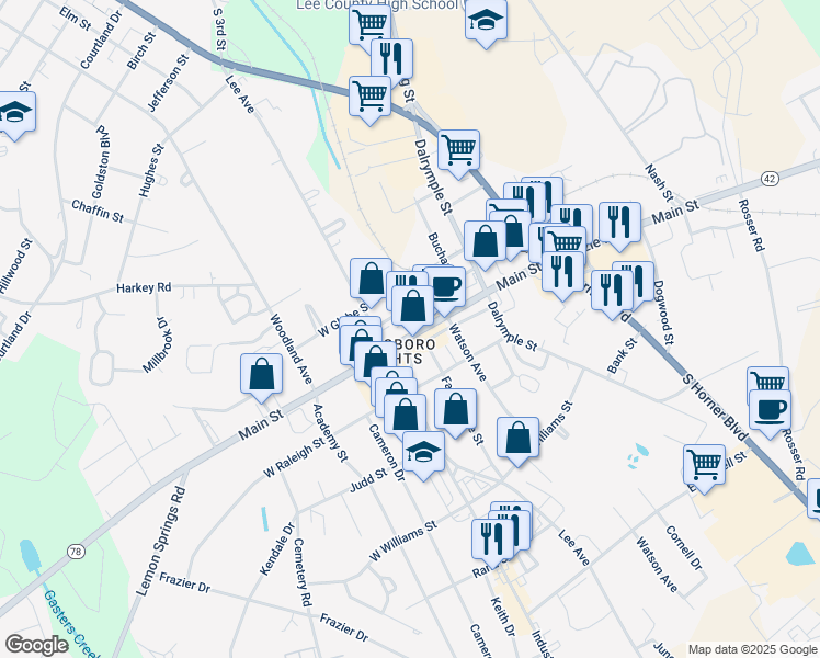 map of restaurants, bars, coffee shops, grocery stores, and more near 114 West Main Street in Sanford