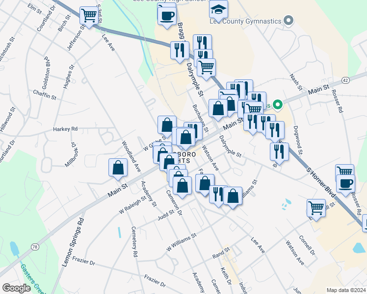 map of restaurants, bars, coffee shops, grocery stores, and more near 114 West Main Street in Sanford