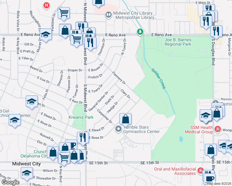 map of restaurants, bars, coffee shops, grocery stores, and more near 828 Stahl Drive in Midwest City
