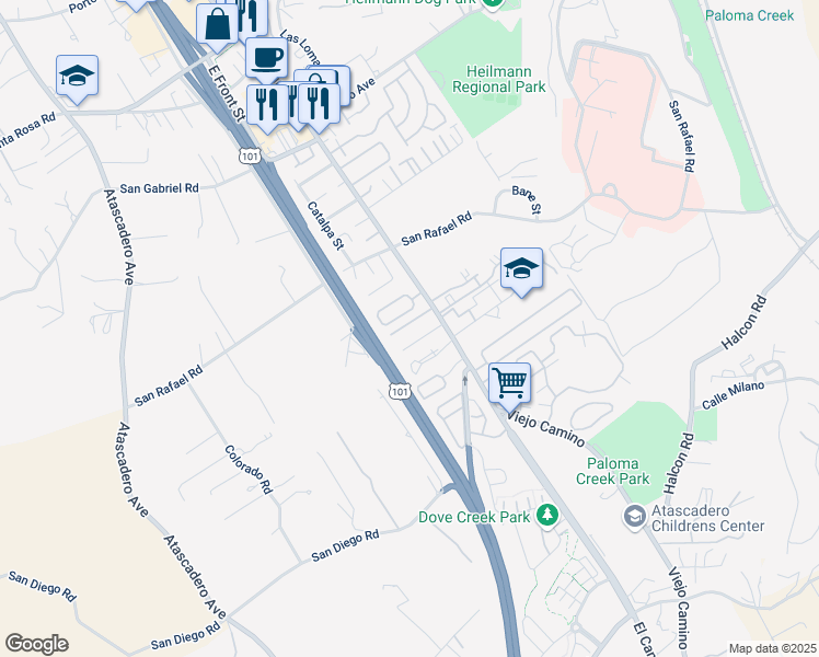 map of restaurants, bars, coffee shops, grocery stores, and more near 10710 El Camino Real in Atascadero