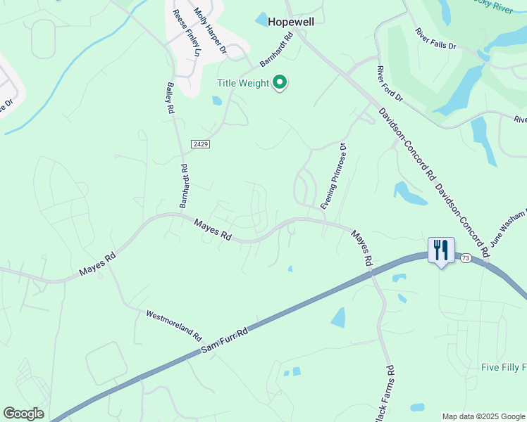 map of restaurants, bars, coffee shops, grocery stores, and more near 13407 Mayes Road in Huntersville