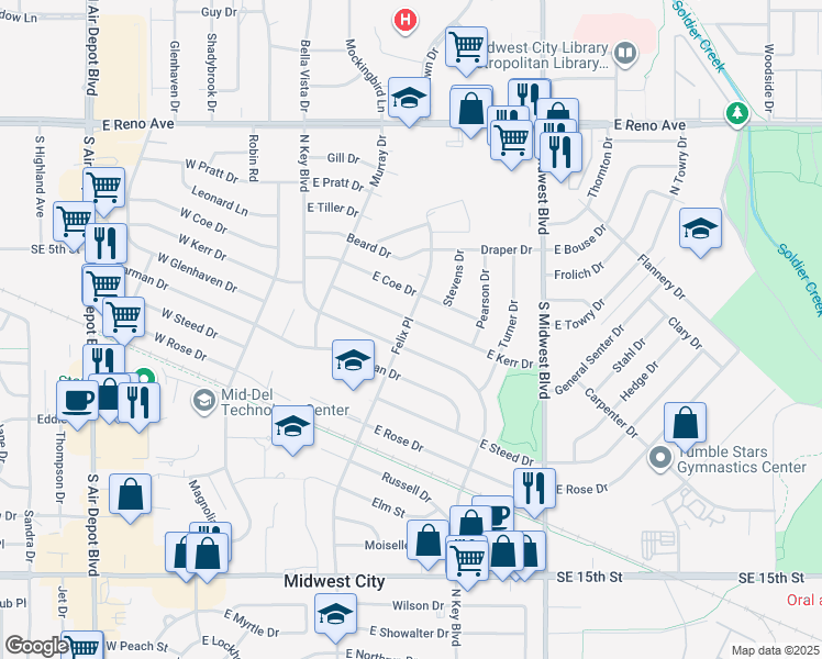 map of restaurants, bars, coffee shops, grocery stores, and more near 307 East Key Boulevard in Midwest City