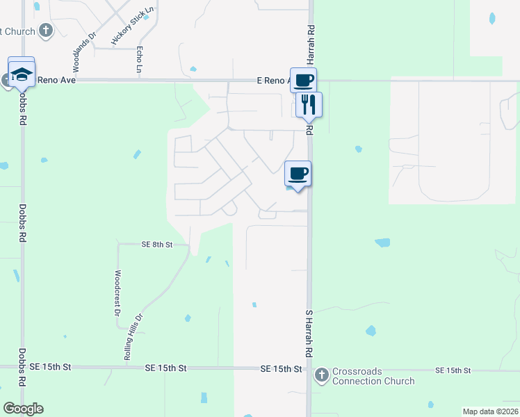 map of restaurants, bars, coffee shops, grocery stores, and more near 20814 Landmark Drive in Harrah