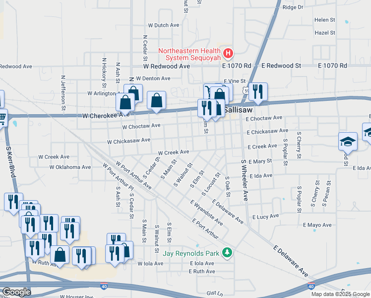 map of restaurants, bars, coffee shops, grocery stores, and more near 208 South Main Street in Sallisaw