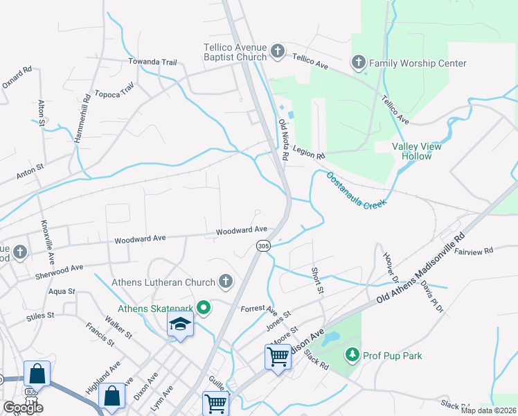 map of restaurants, bars, coffee shops, grocery stores, and more near 1206 Woodward Avenue in Athens