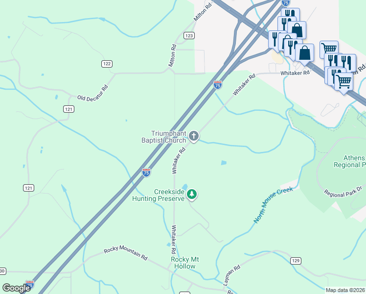 map of restaurants, bars, coffee shops, grocery stores, and more near 271 County Road 128 in Athens