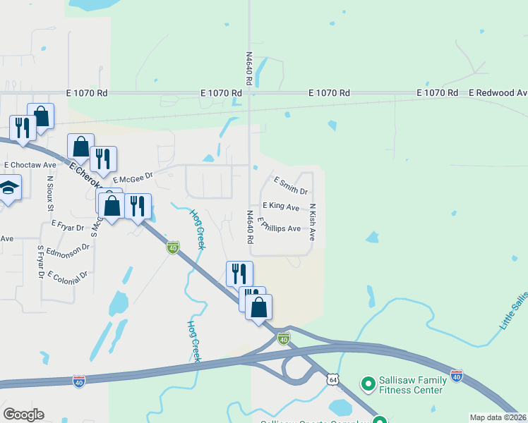 map of restaurants, bars, coffee shops, grocery stores, and more near 217 N4640 Road in Sallisaw