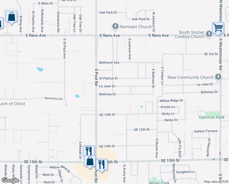 map of restaurants, bars, coffee shops, grocery stores, and more near 10212 Bellview Drive in Midwest City
