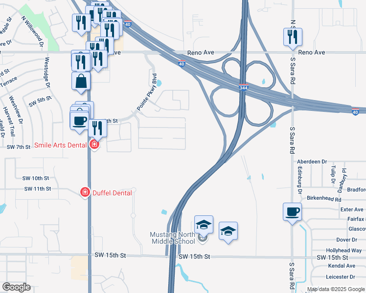map of restaurants, bars, coffee shops, grocery stores, and more near 11001 Southwest 8th Street in Yukon