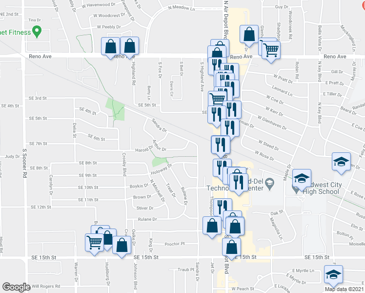 map of restaurants, bars, coffee shops, grocery stores, and more near 709 Arthur Drive in Midwest City
