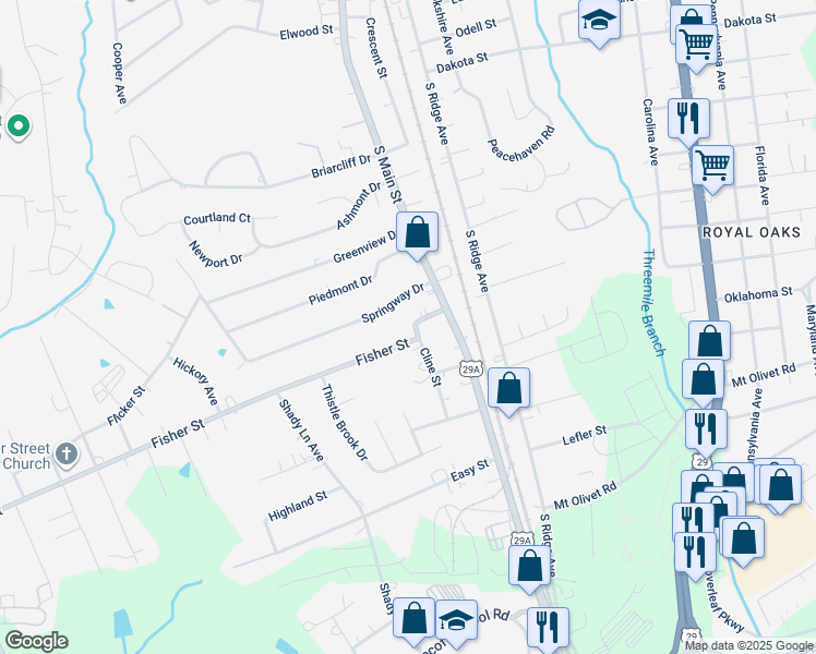map of restaurants, bars, coffee shops, grocery stores, and more near Cline Street in Concord