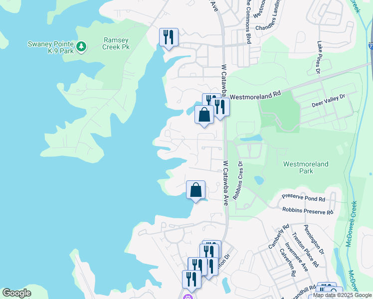 map of restaurants, bars, coffee shops, grocery stores, and more near 17915 Kings Point Drive in Cornelius