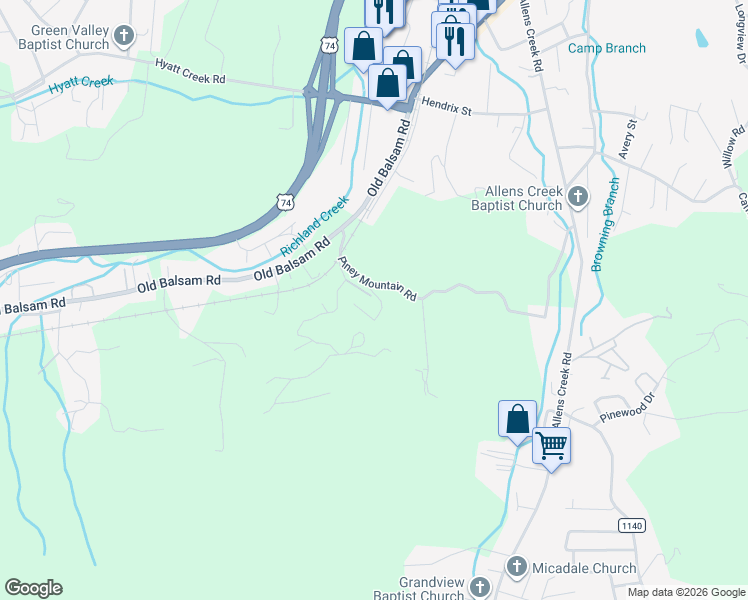 map of restaurants, bars, coffee shops, grocery stores, and more near 57 April Park in Waynesville