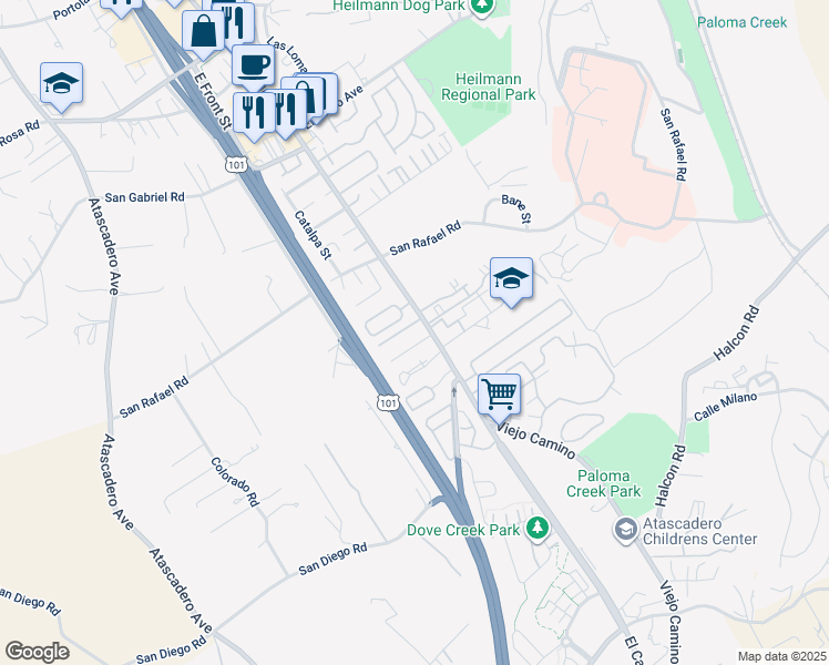 map of restaurants, bars, coffee shops, grocery stores, and more near 10850 El Camino Real in Atascadero