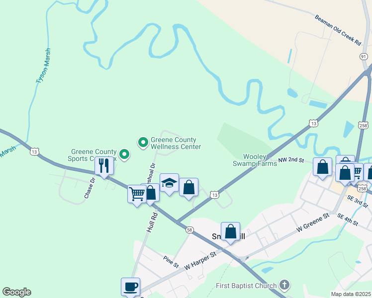 map of restaurants, bars, coffee shops, grocery stores, and more near 115 Carver Drive in Snow Hill